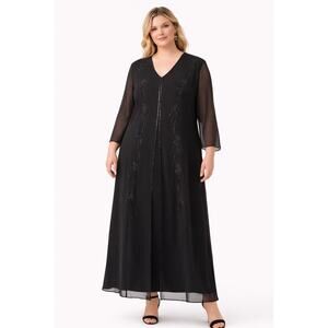 1990s Night Studio black beaded chiffon gown with sheer overlay & sleeves 16